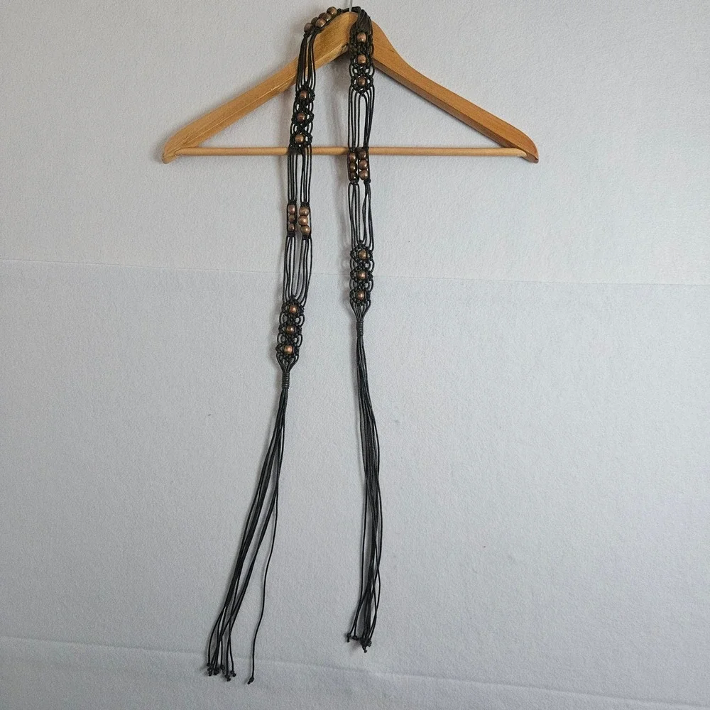 Vtg Boho Macrame‎ Tie Belt Brown Cord Wooden Beads Hippie Festival Tassel 60in